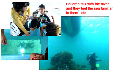 Conversation between glass-bottom boat (non-diver) and diver in the sea